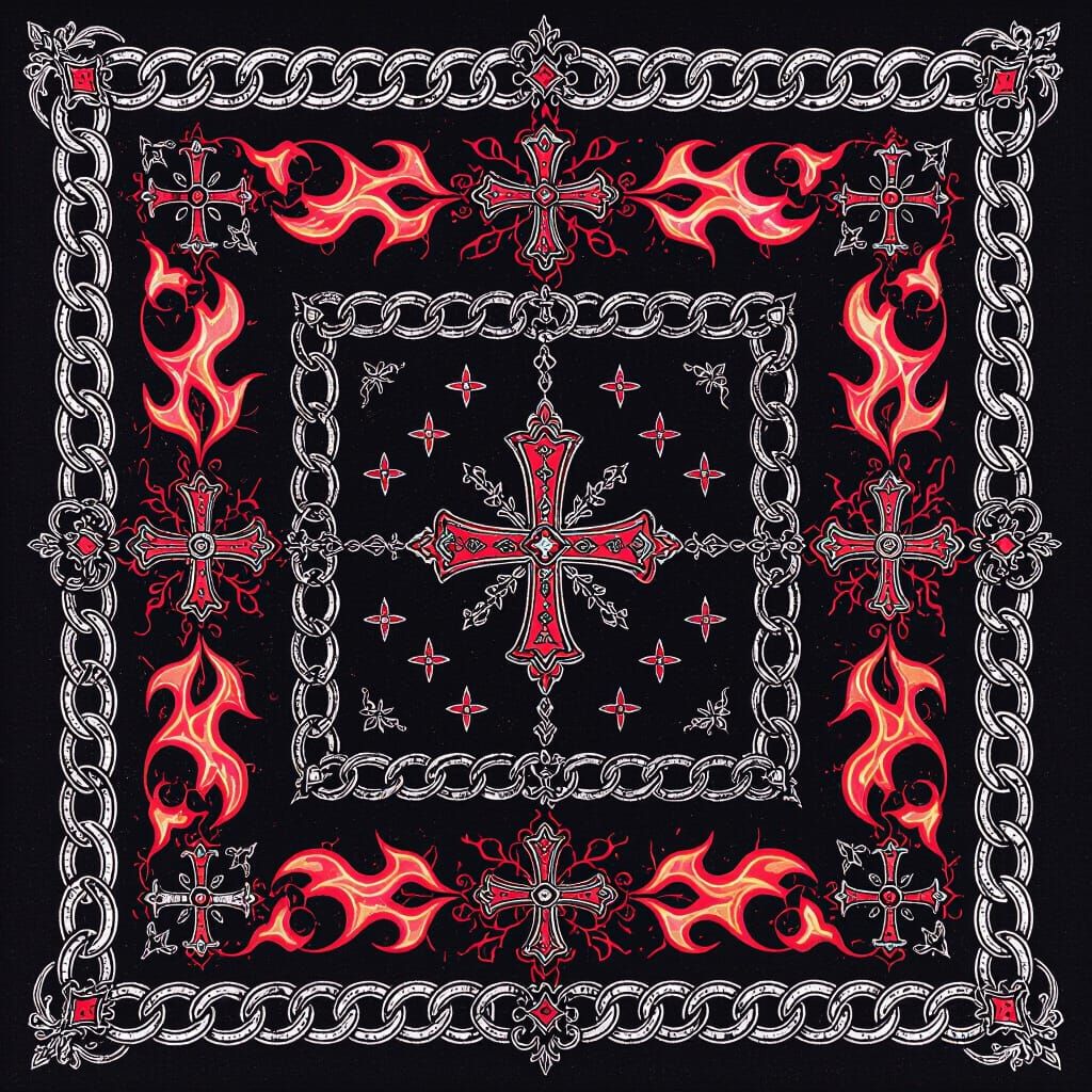 Gothic Luxury Bandana Design with Chrome Hearts & Neon Fire