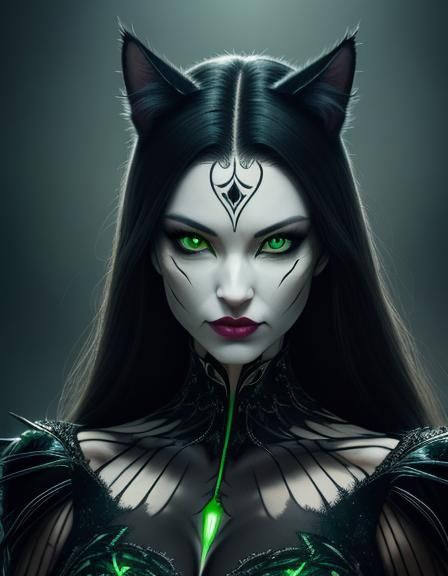 A cat woman with cat head,face and eyes dressed in extravagant clothes