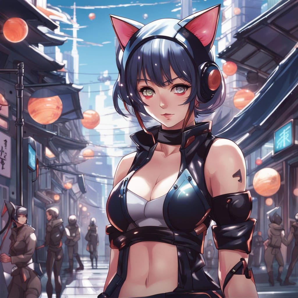 Futuristic Kunoichi with Cat Ears in Feudal Japan