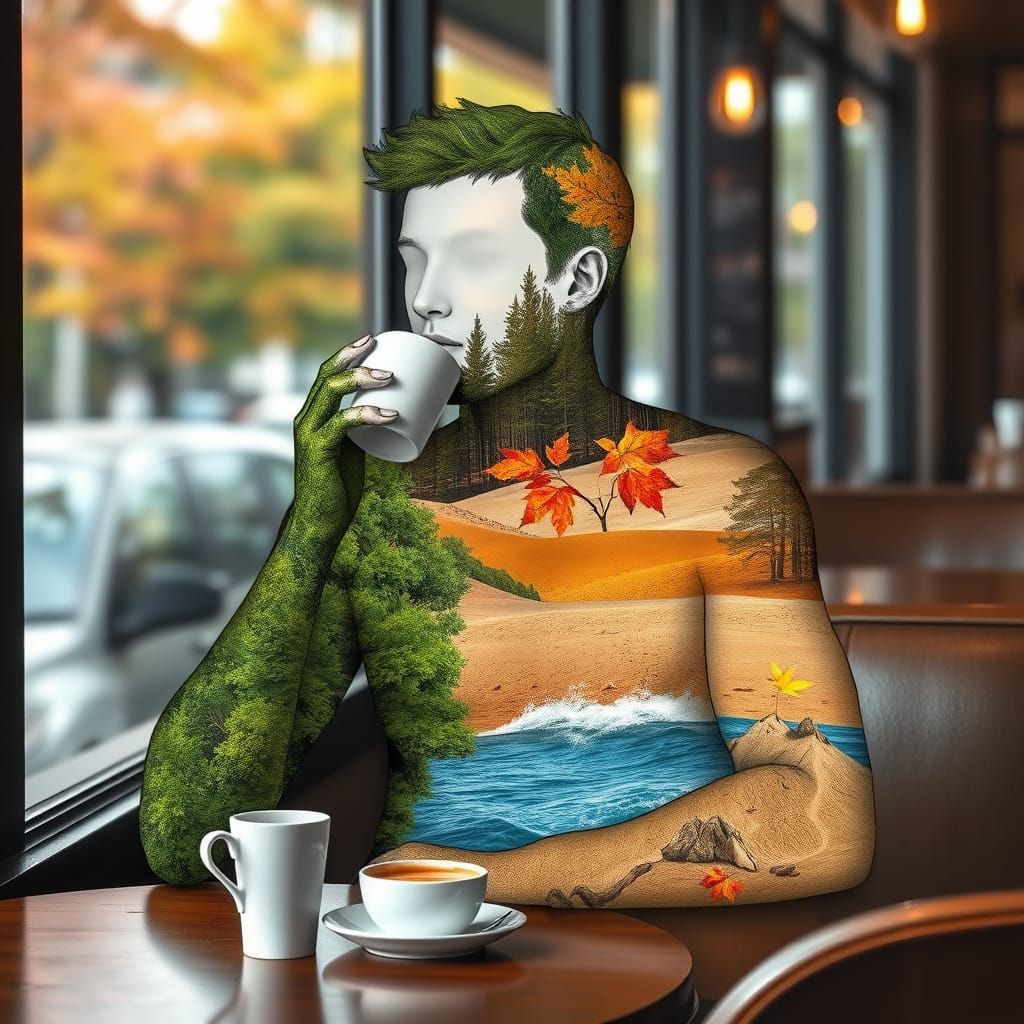 Surreal Landscape Person Sipping Coffee at Cafe
