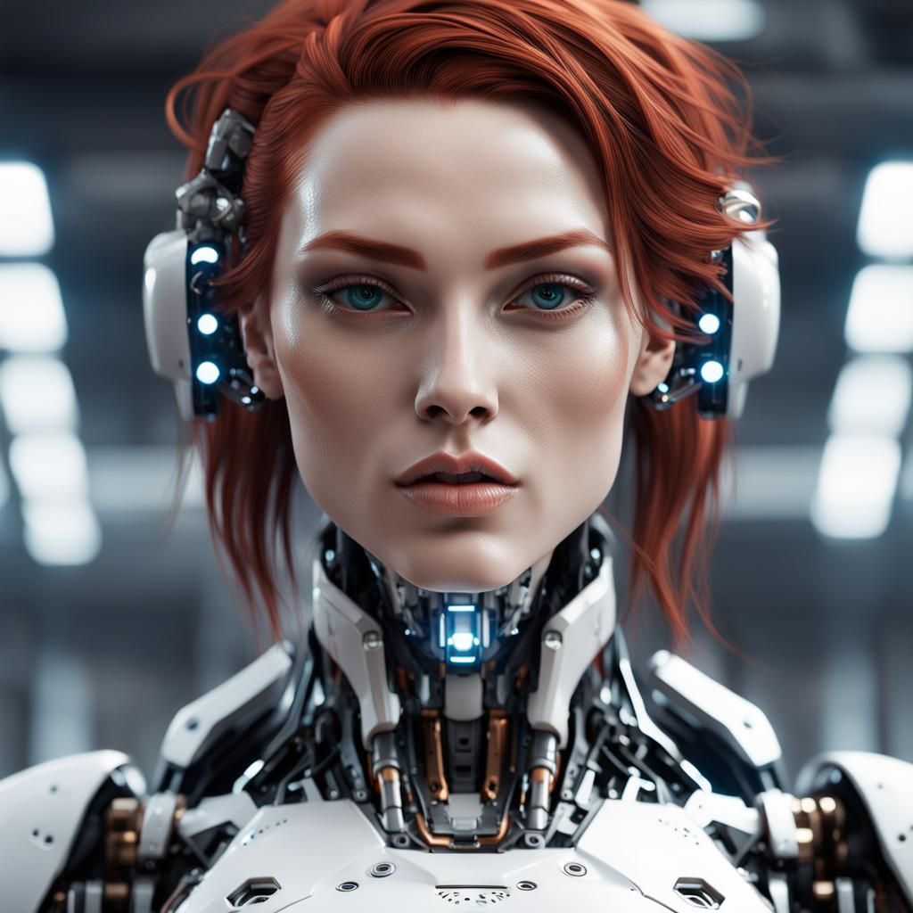Auburn-Haired Cyborg in Cyberpunk Retrowave Style
