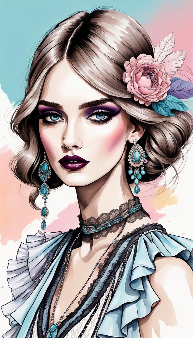 Fashion Illustration Portrait in Pastel Rainbow Colors