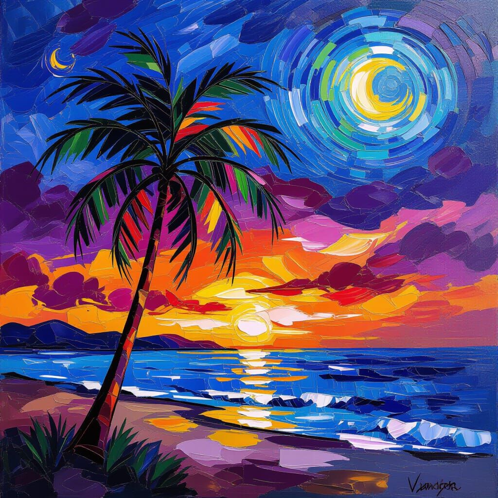 Vibrant Sunset Palm Tree Oil Painting