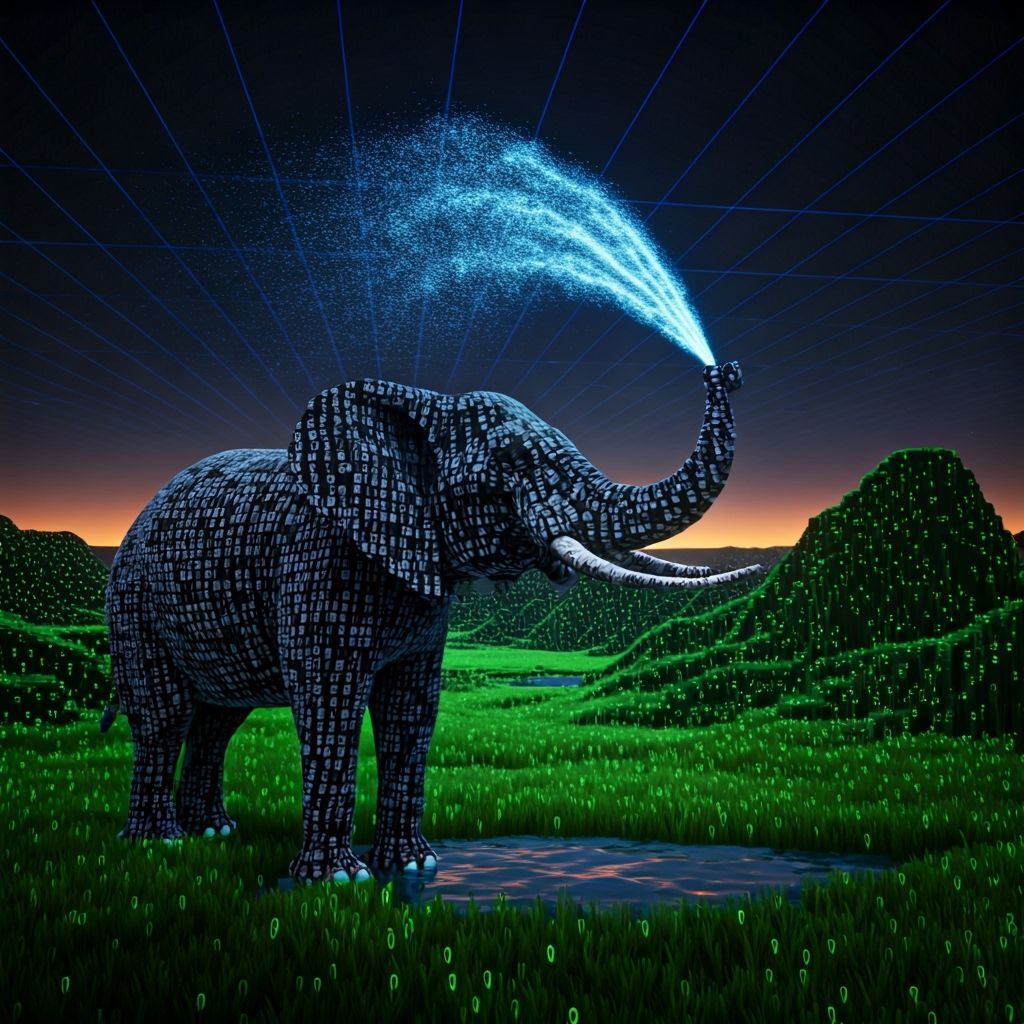 Digital Elephant Sprays Water in CRT Game Cinematic Style