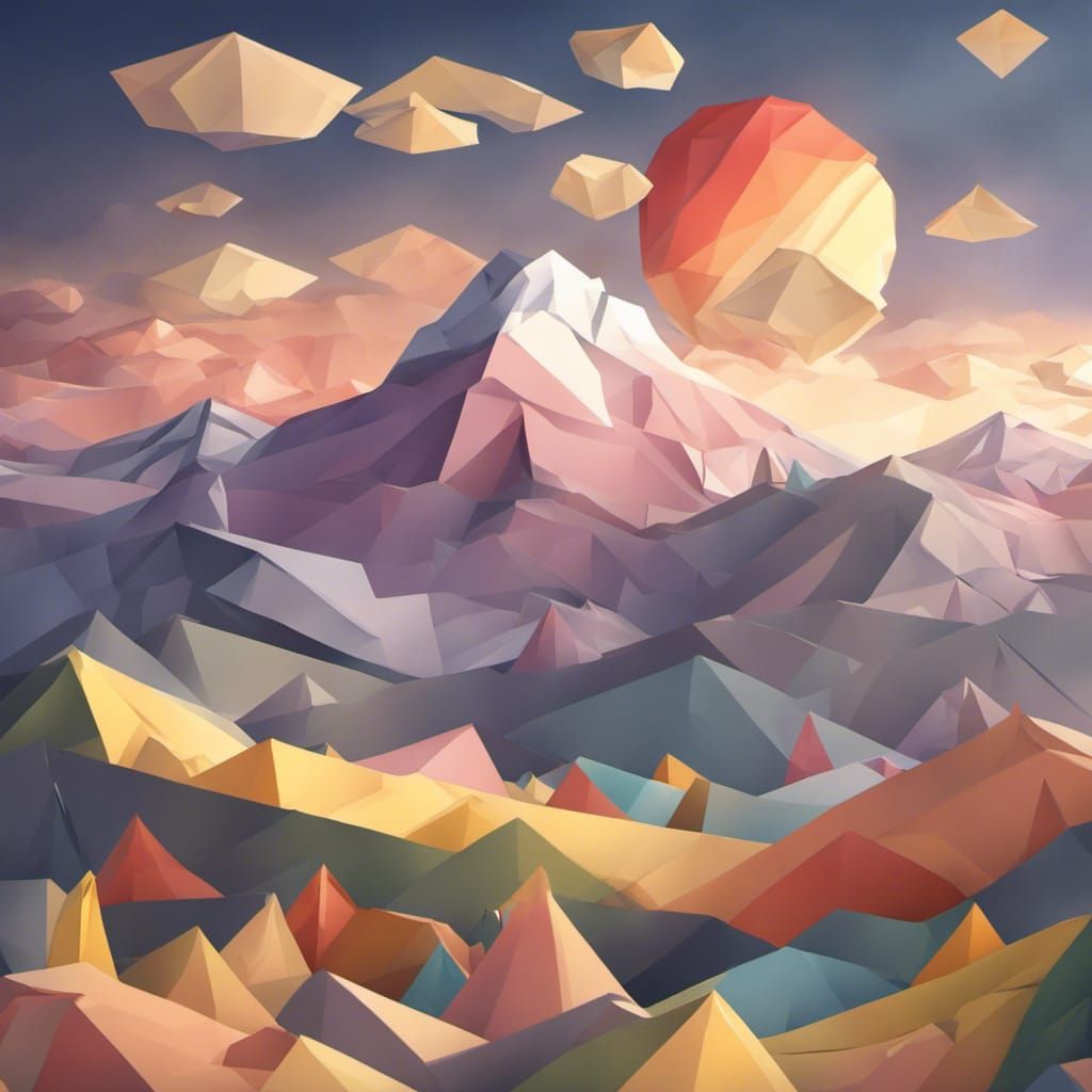 Sunrise Over Mountains in Anime Origami Style