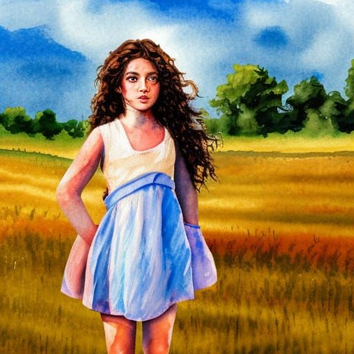 Teenager in Field: Gouache Watercolor Impressionist Painting