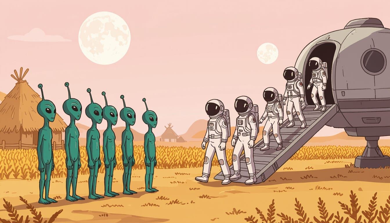 Astonished Aliens Witness Human Arrival on Pink Planet