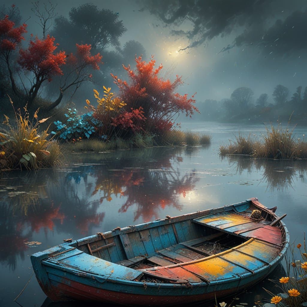 Grunge Rowboat Scene in Australian Fog