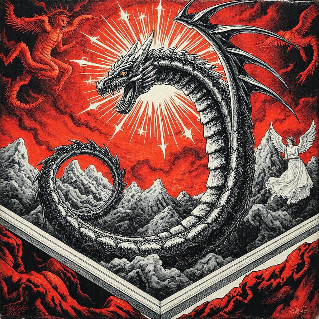 Serpentine Dragon in Apocalyptic Landscape in Allegorical St...