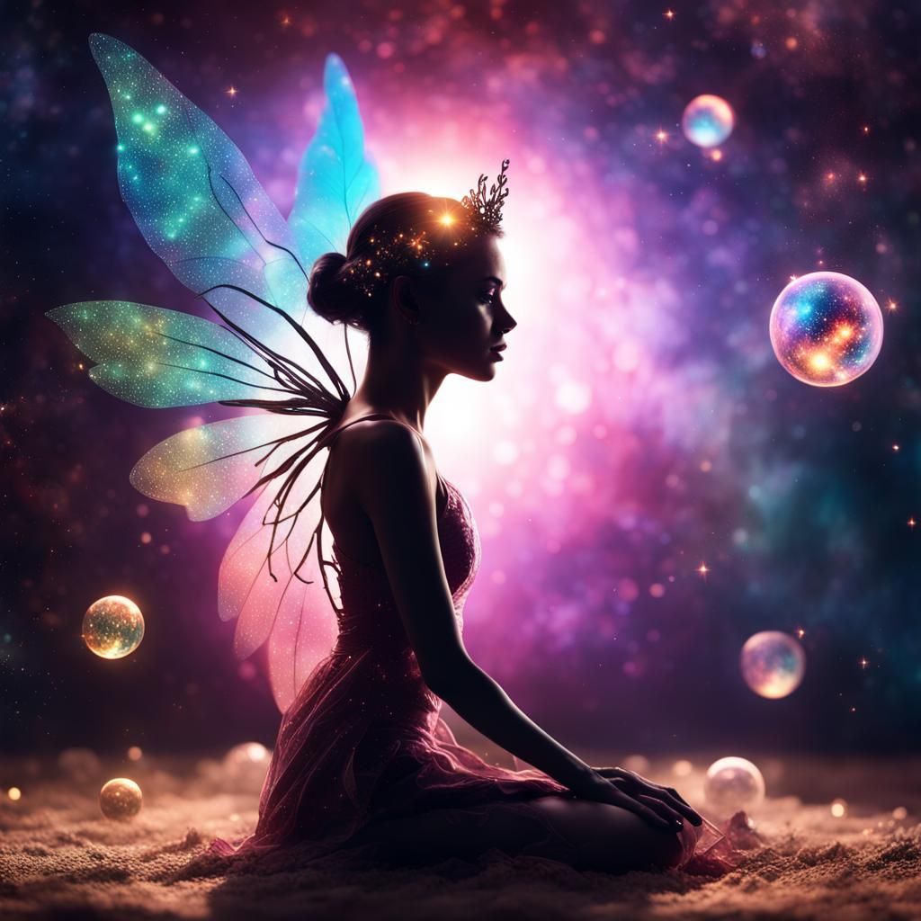 Epic Fairy Silhouette in Space with Double Exposure