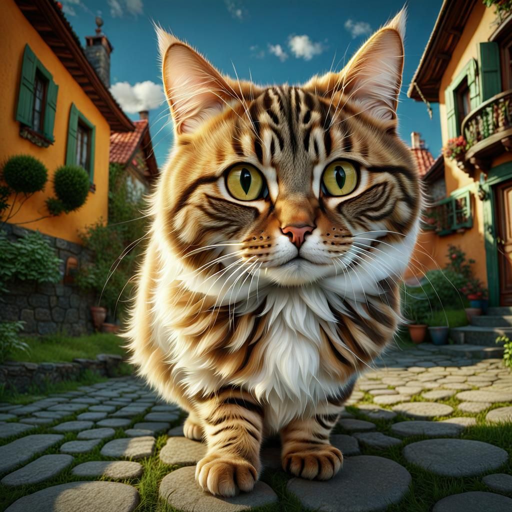 Fluffy Tabby Cat Near Lovely House in Ornate Style