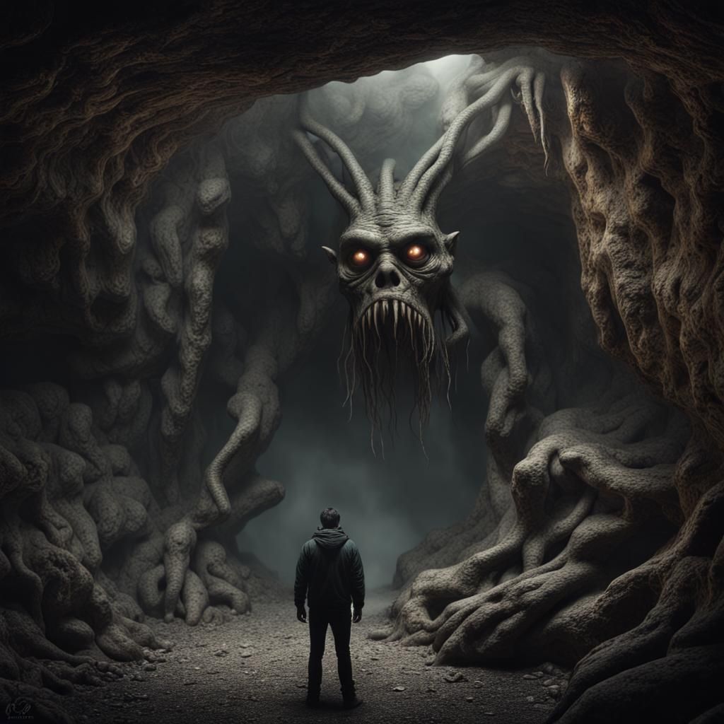 Horrific Creature in Dark Cave: Fantasy Scene