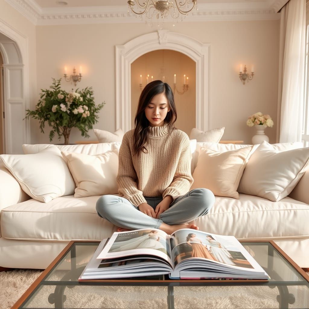 Serene Living Room with Woman Reading, Dreamy Lighting