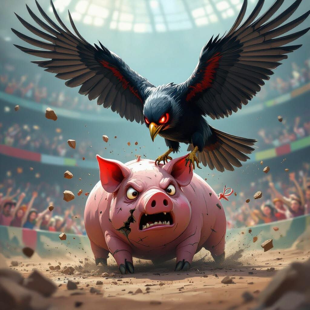 Aggressive Bird Attacks Fragile Pig Structure in Stadium