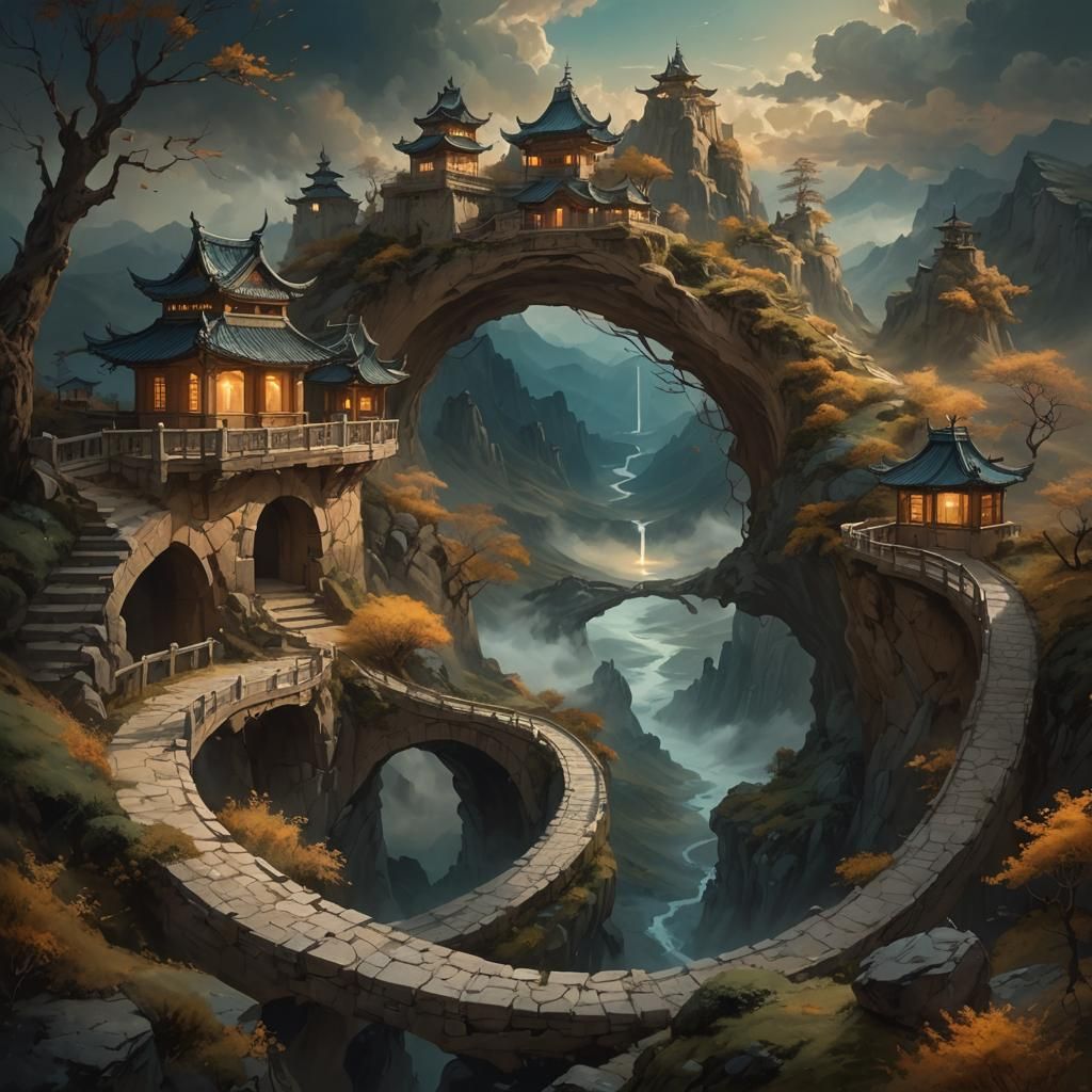 Ethereal Figure on Winding Path: Fantasy Illustration