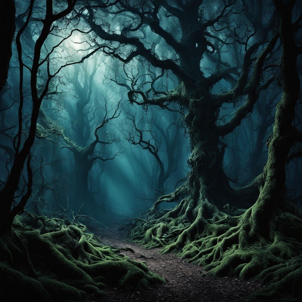 Eerie Forest at Dusk in Dark Fantasy Style