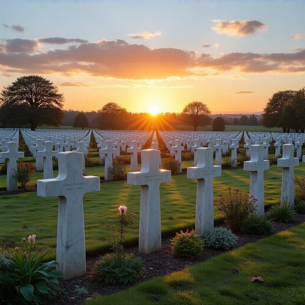 Sunset Over Serried White Crosses in Cemetery