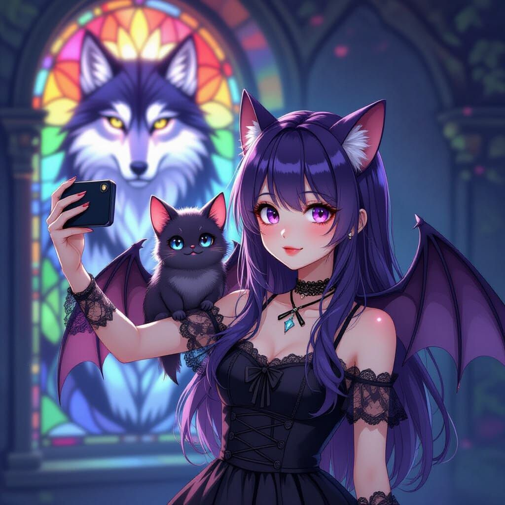Goth Anime Girl With Bat and Rainbow Wolf Stained Glass