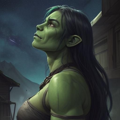 Sad Half-Orc Woman Gazing at Stars