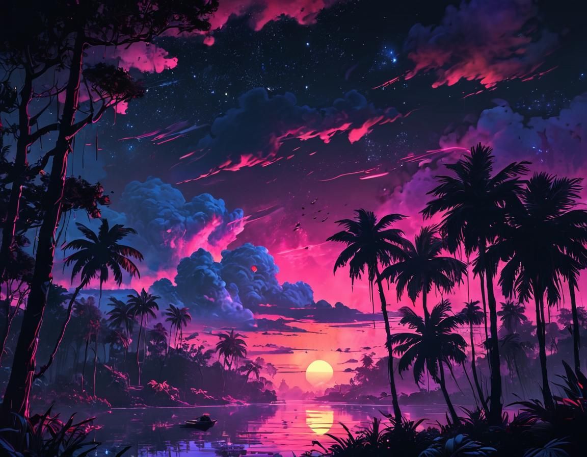 Rainforest Sunset with Vaporwave Metallic Ink Sky