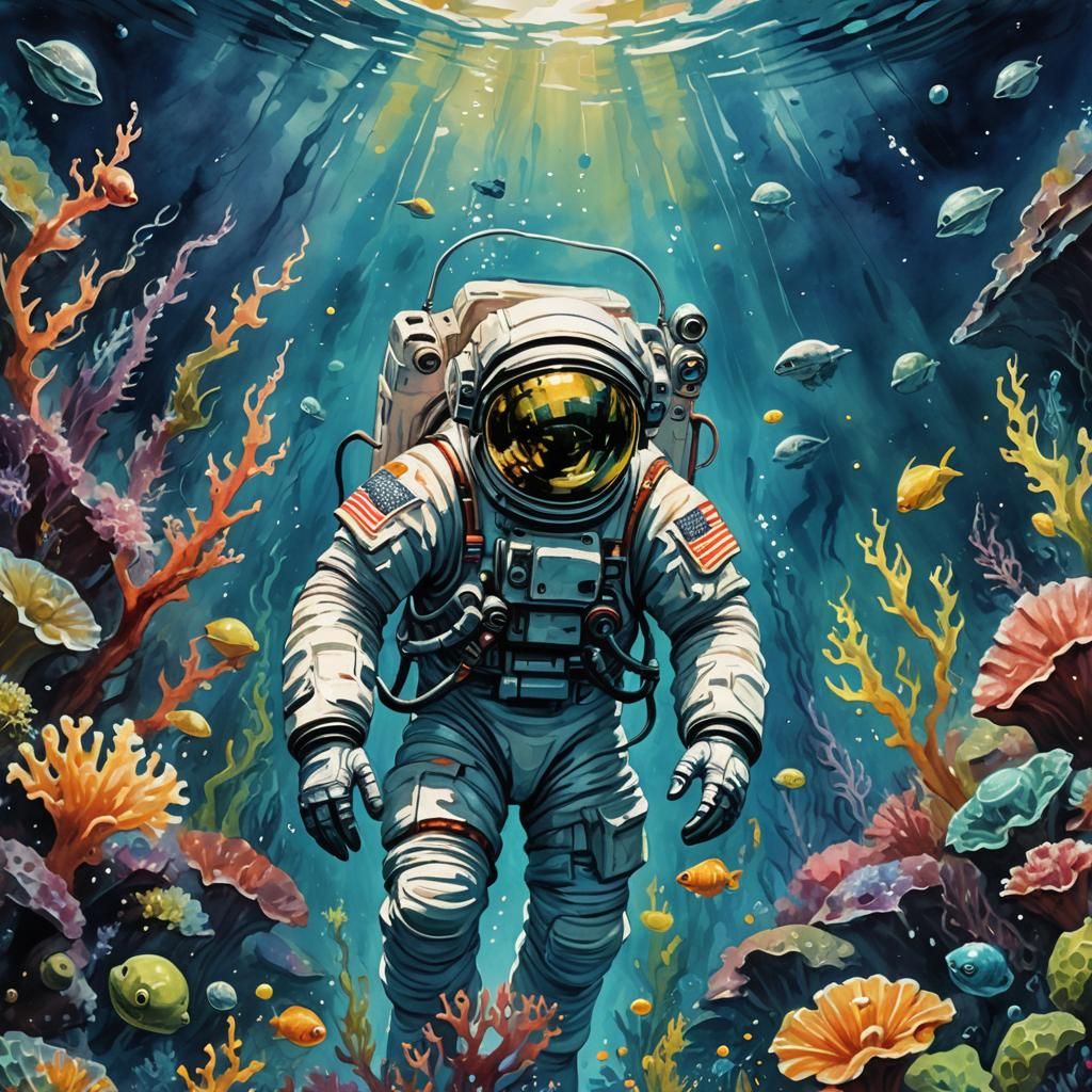 Astronaut Exploring Alien Deep Sea in Gouache Style