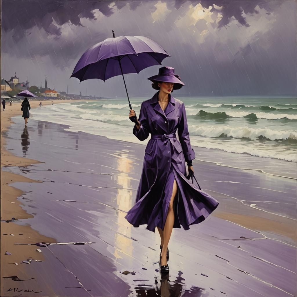 Woman with Purple Umbrella in Rainy Scene