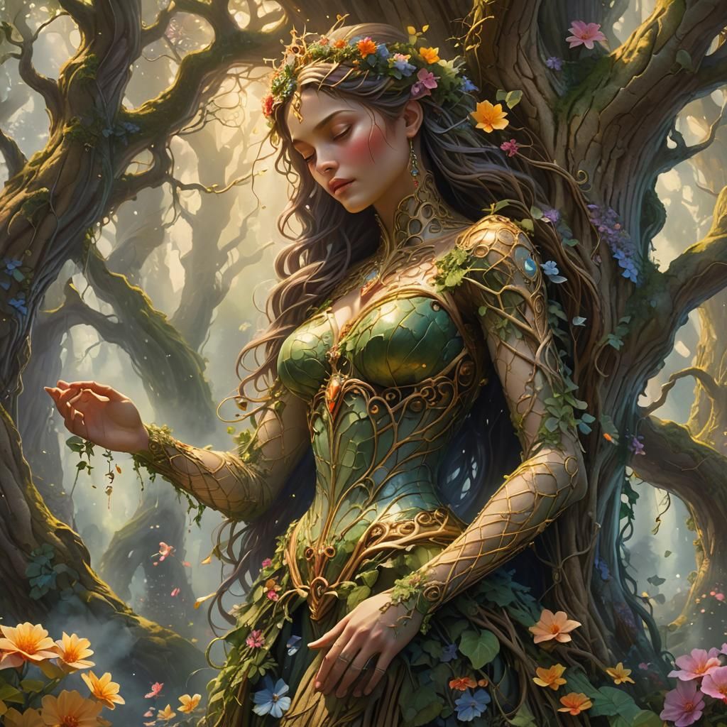 Majestic Tree Trunk Queen in a Surreal Fantasy