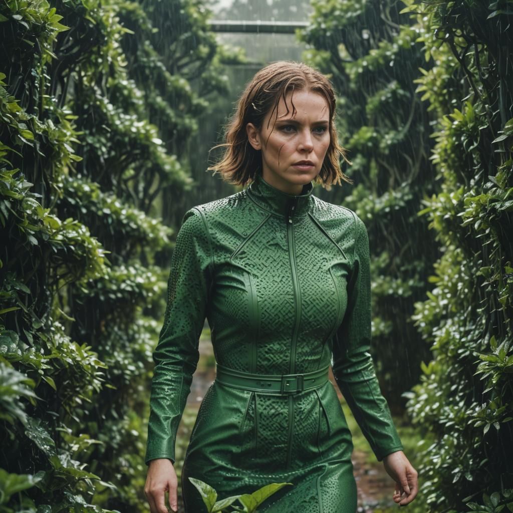 Woman in Green Latex Dress in Maze