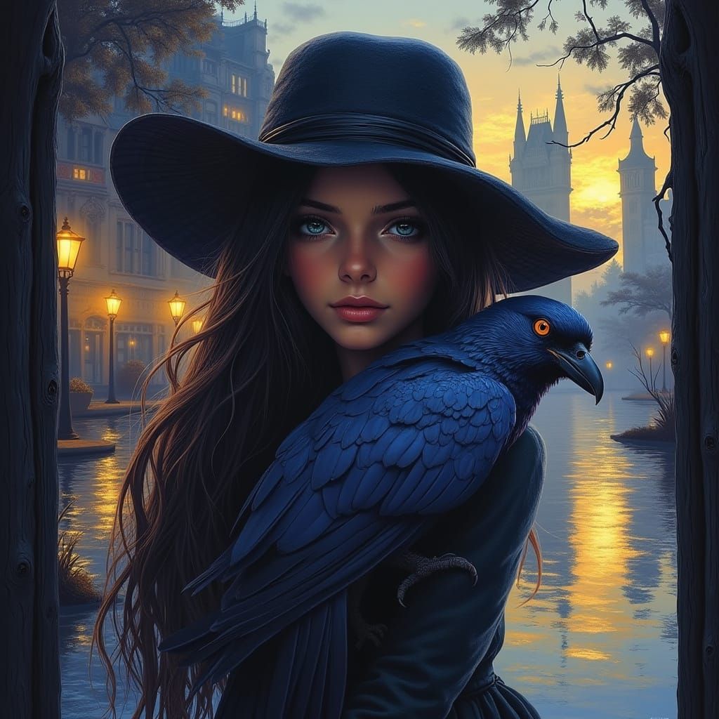 Ethereal Girl with a Jackdaw in Whimsical Australian Landsca...