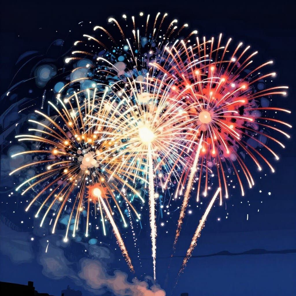 Vibrant Fireworks Explode in Stylized Night Sky
