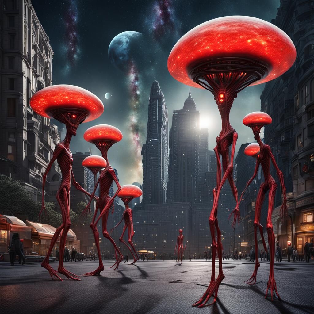Alien Cityscape with Red Moons in Hyperreal 3D