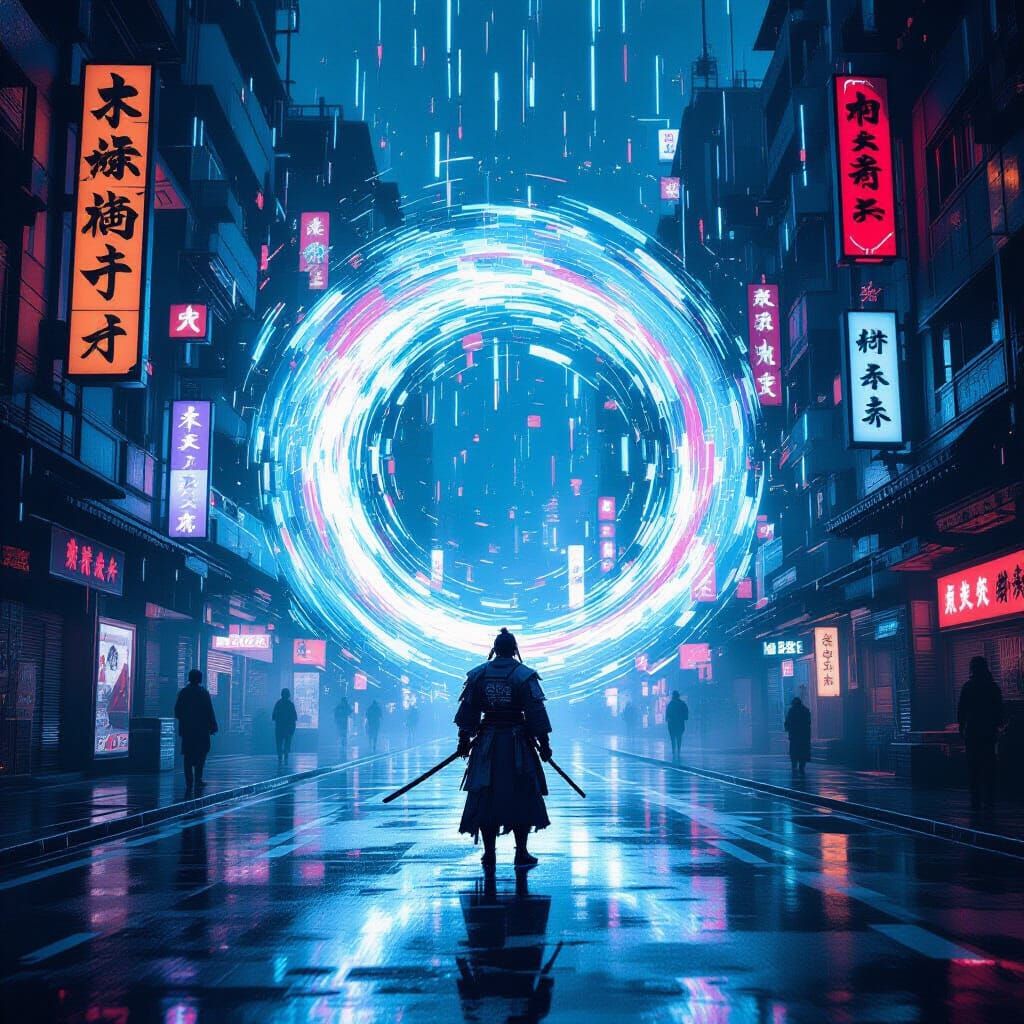 Cyberpunk Samurai Approaches Data Vortex