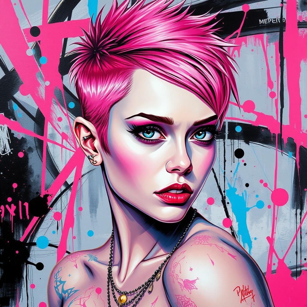 Colorful Graffiti Art Portrait of Pierced Woman