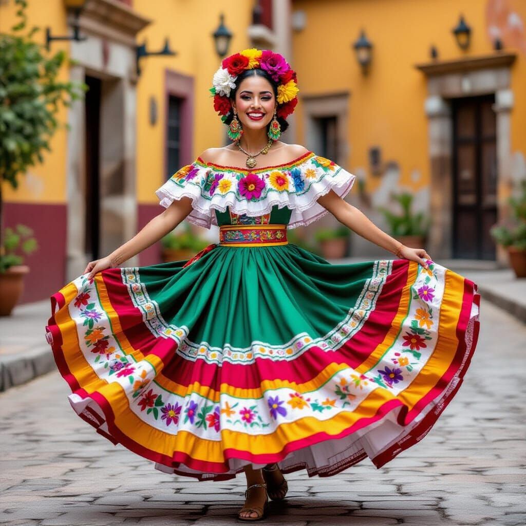 Woman Dancing in Mexican Dress, Festive HDR Detail