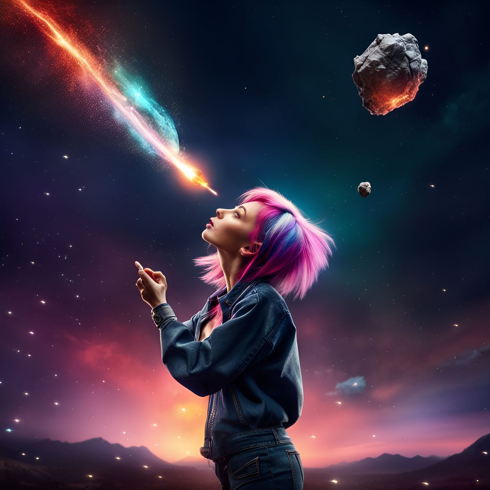 Hyperrealistic Woman Catches Meteor in Space