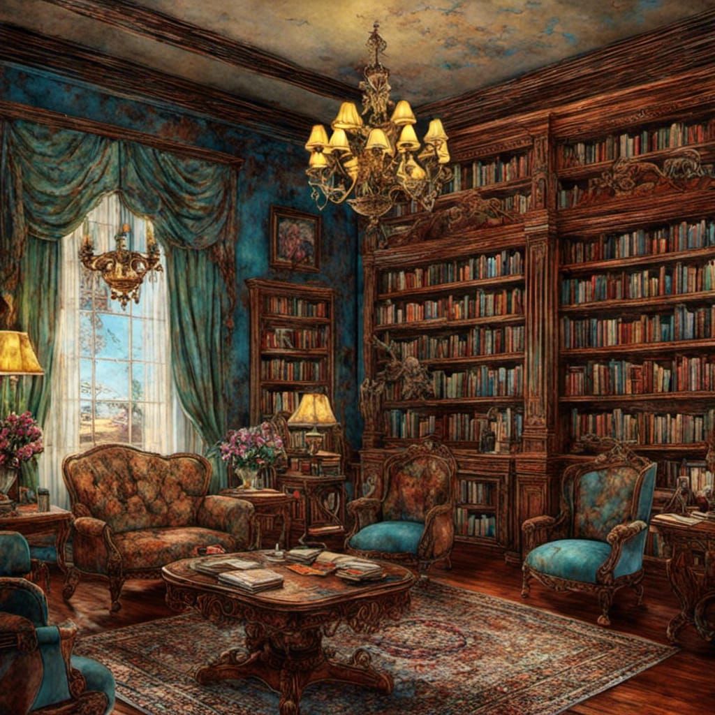 Victorian Library Interior in Van Gogh Style