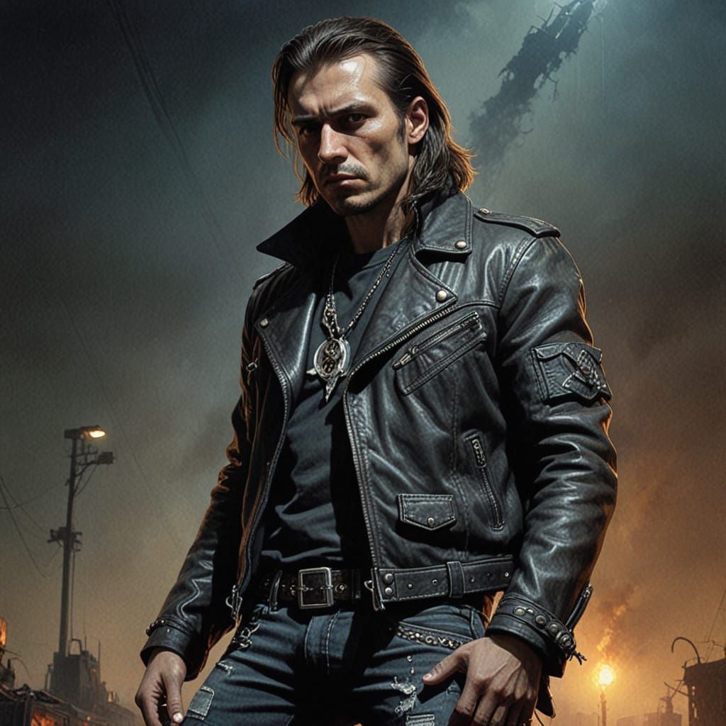 Powerful Metal Guitarist in Dark Futuristic Stage