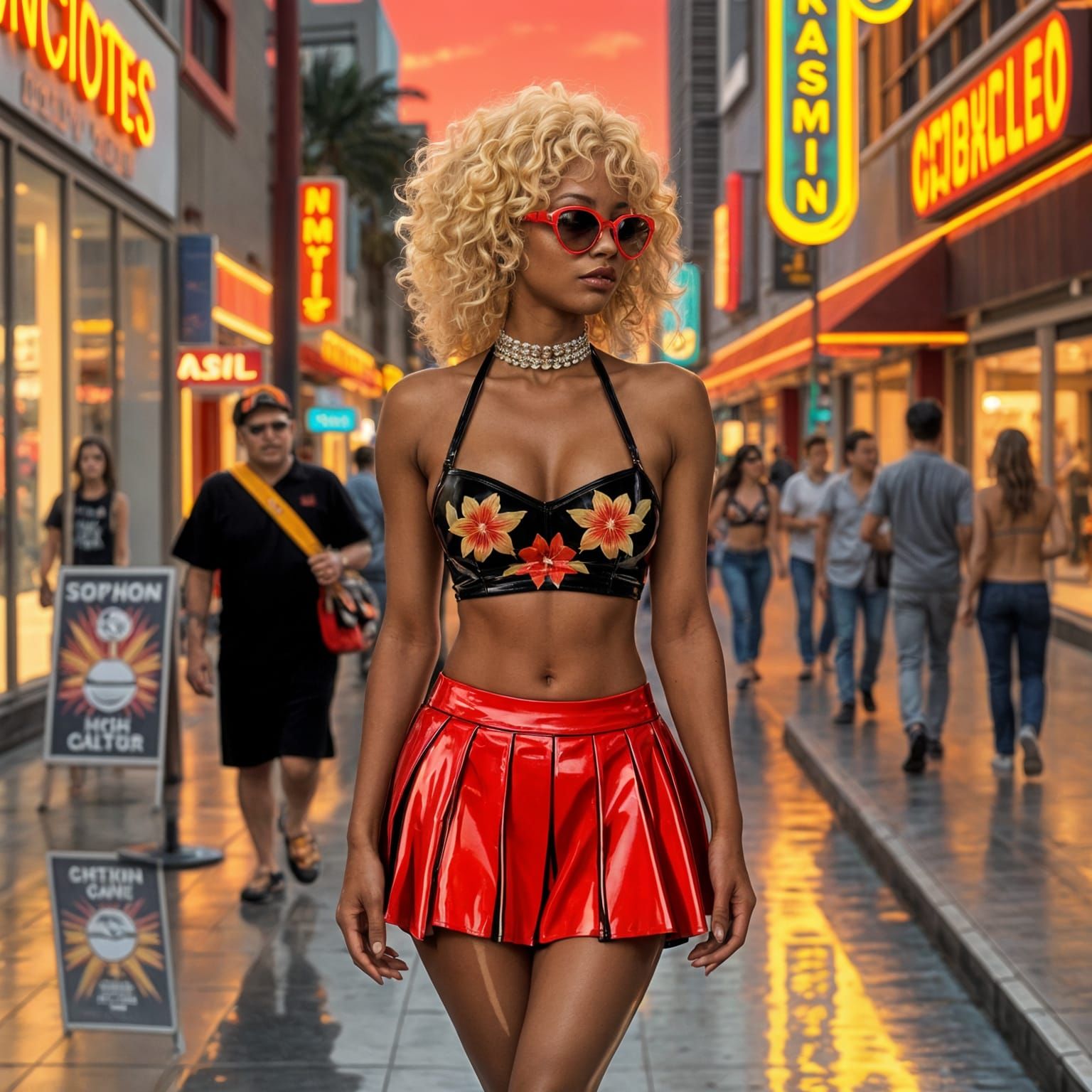 Sultry Ebony Woman Strolls the Beachside Boardwalk