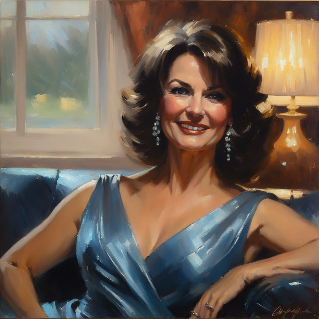 Elegant Woman in Blue Gown: Impressionistic Oil Portrait