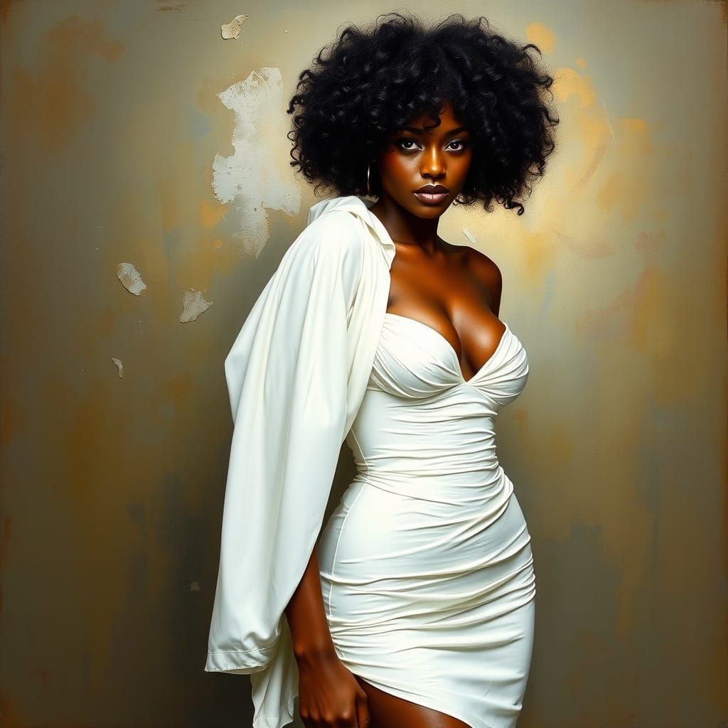 Sultry Black Woman in Elegant White Dress