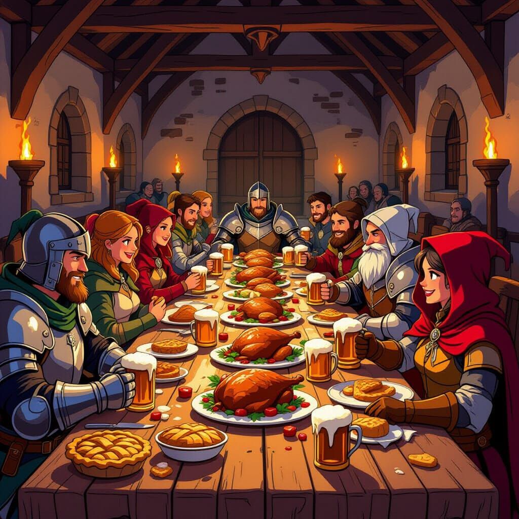 Medieval Harvest Feast Celebration With Knights And Peasants