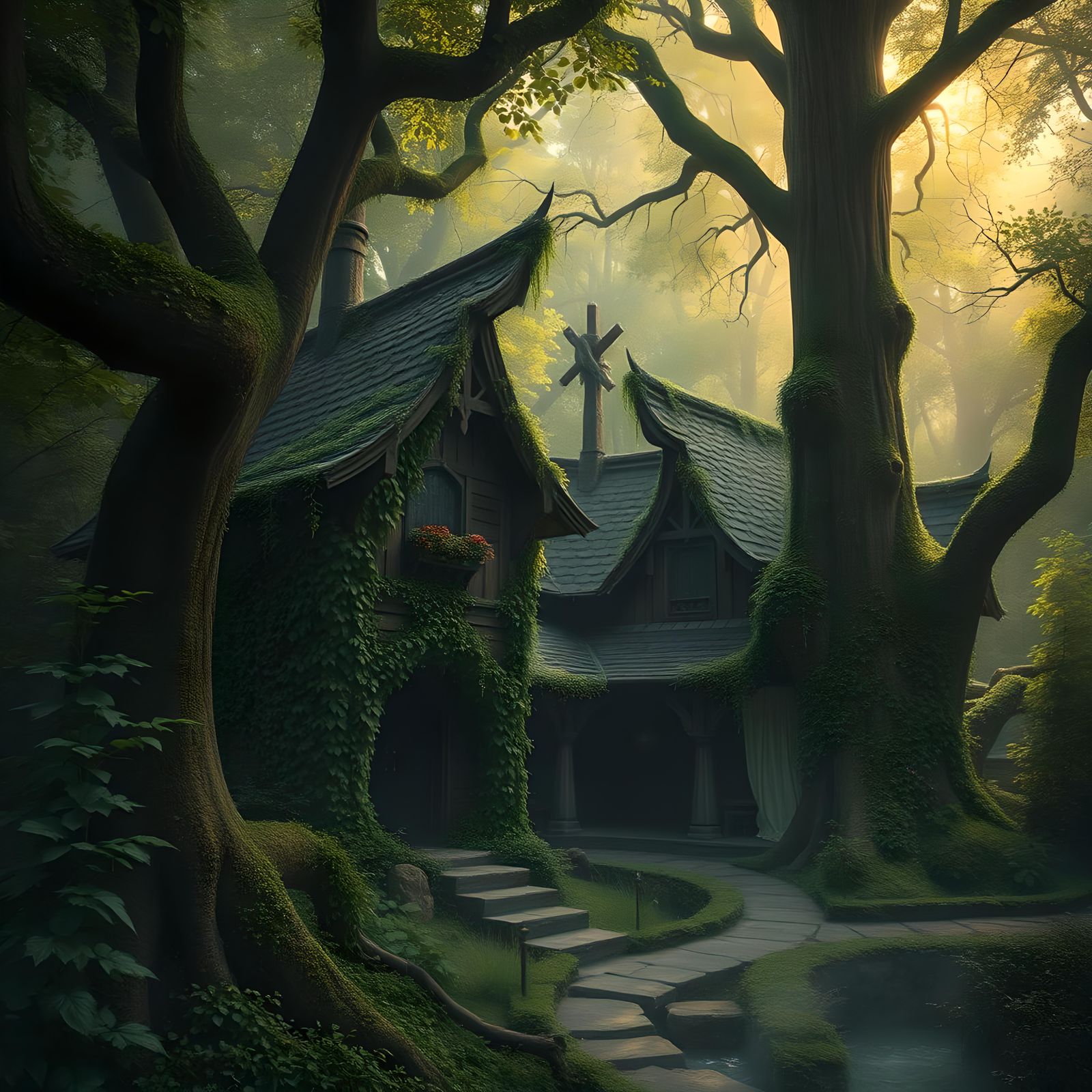 Elven Village Hidden in Deep Forest: Charcoal Drawing