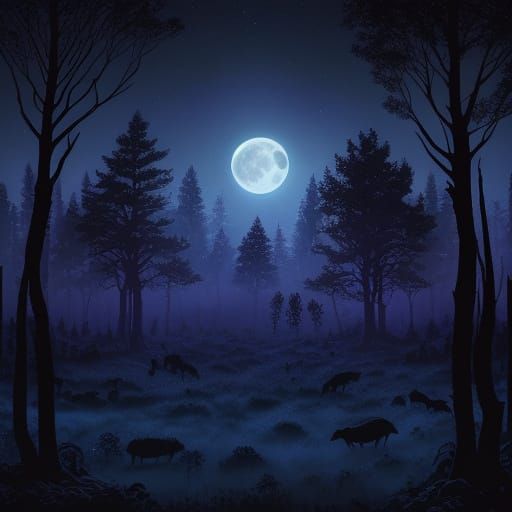 Fantastical Forest Scene under a Radiant Full Moon