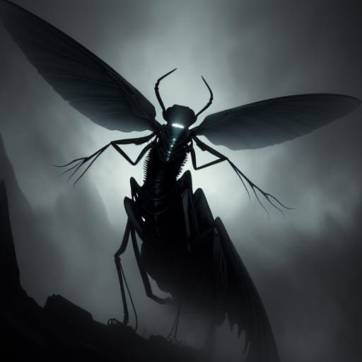 Ethereal Mantis Emerges from Shadows in Ominous Gothic Style