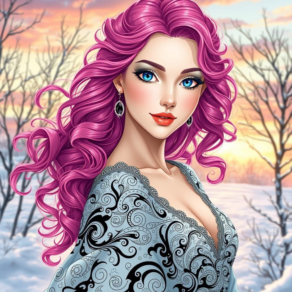 Fantasy Woman in Snowy Winter Garden