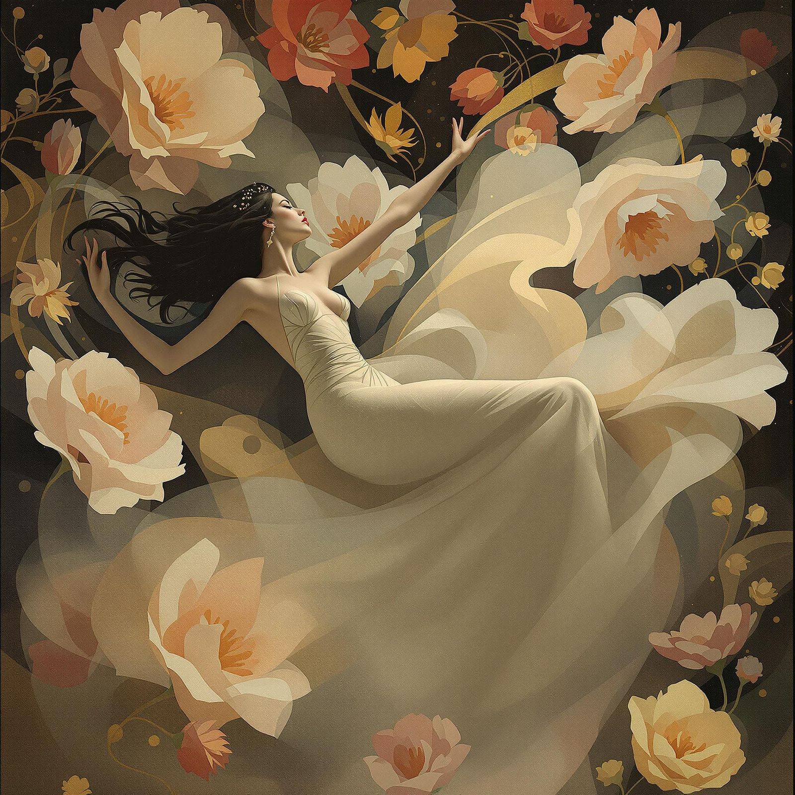 Surreal Art Deco Woman Floating Among Blooms
