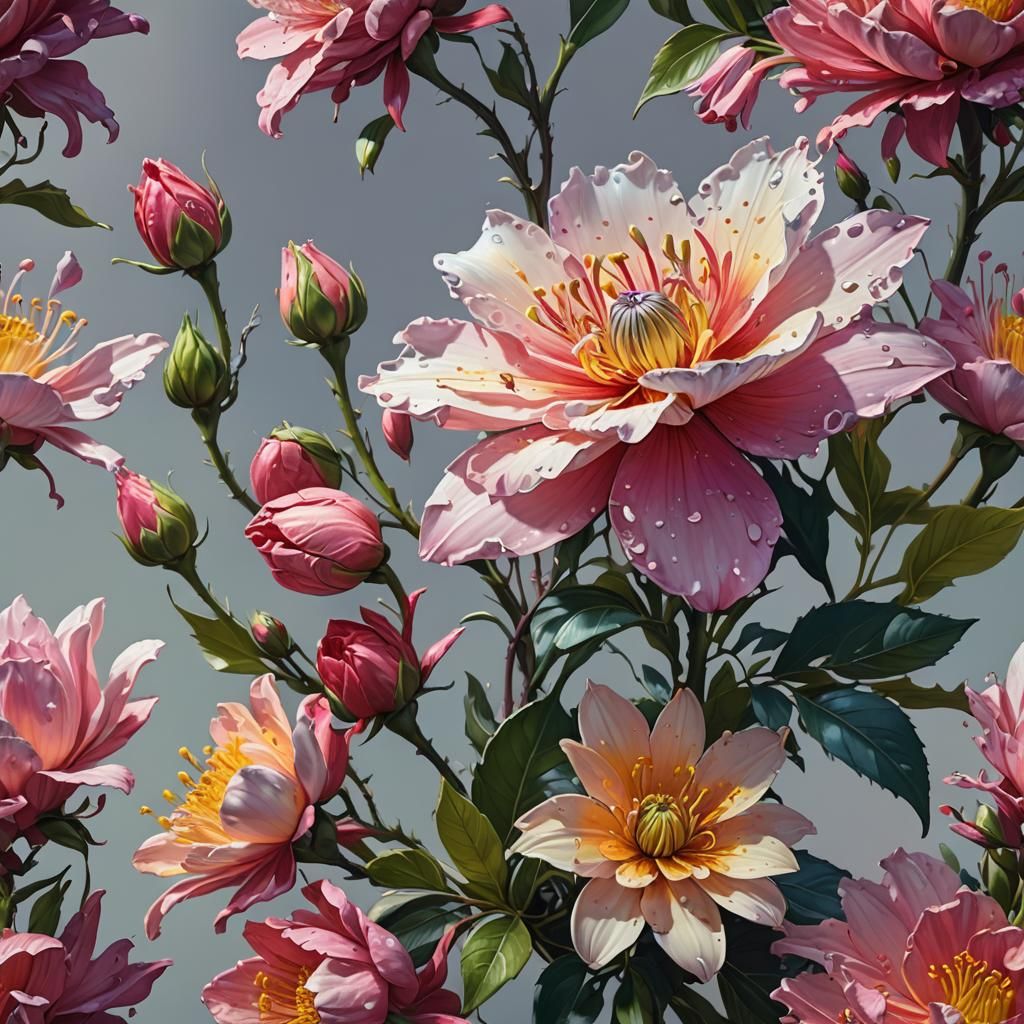 Hyperrealistic Flower with Bud in Colorful Splash Art