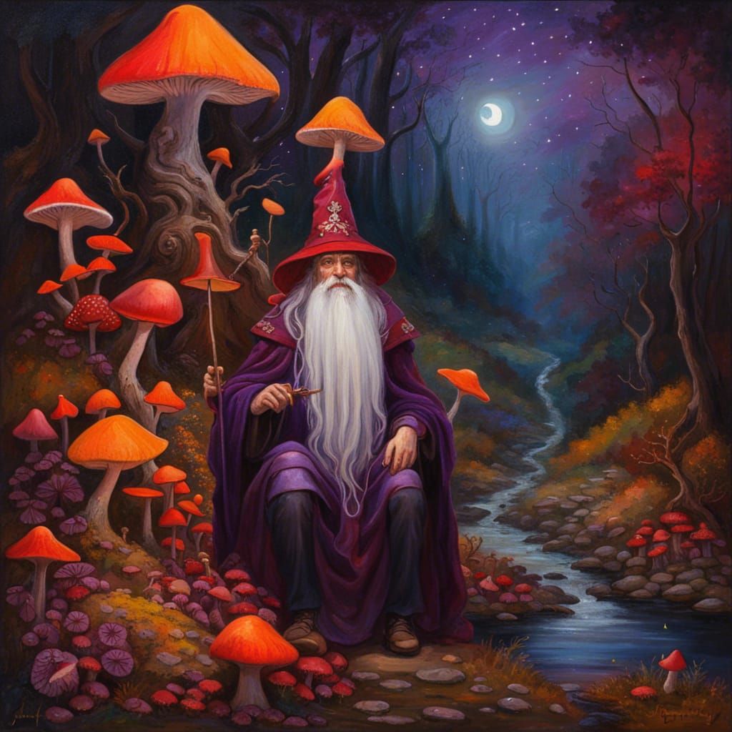 High Gothic Wizard in Autumn Forest, Oil Painting