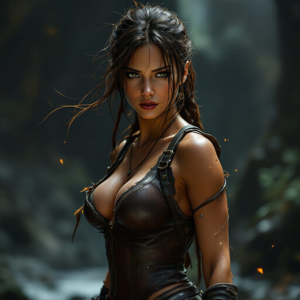 Lara Croft in Torn Leather Bodice, Dark Fantasy Concept Art