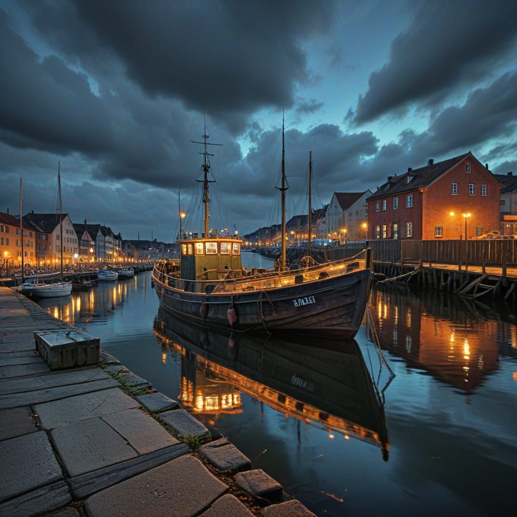 Fisherman Repairing Nets in Harbor: Surreal Oil Painting
